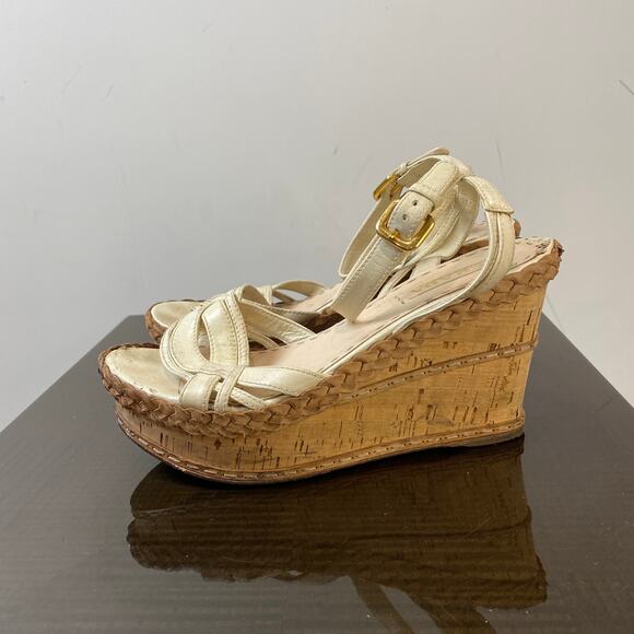 Prada Cork Wedge Platform Leather Ankle Strap Sandals Women's 40.5 - Picture 6 of 13